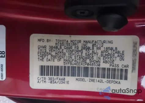 2012 Toyota Corolla L z USA, uszkodzony, nr VIN 5YFBU4EEXCP048530